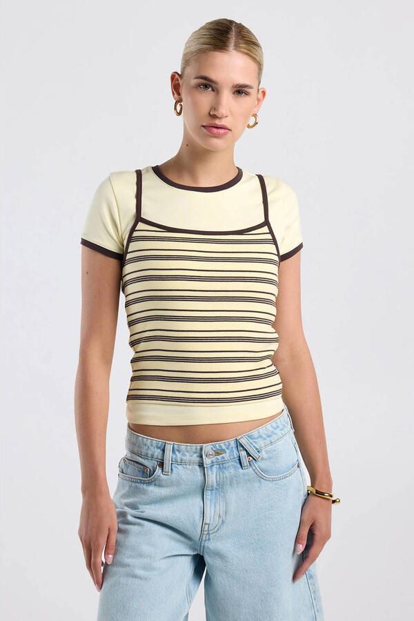 America Today gestreepte cropped top lichtgeel - Foto 3