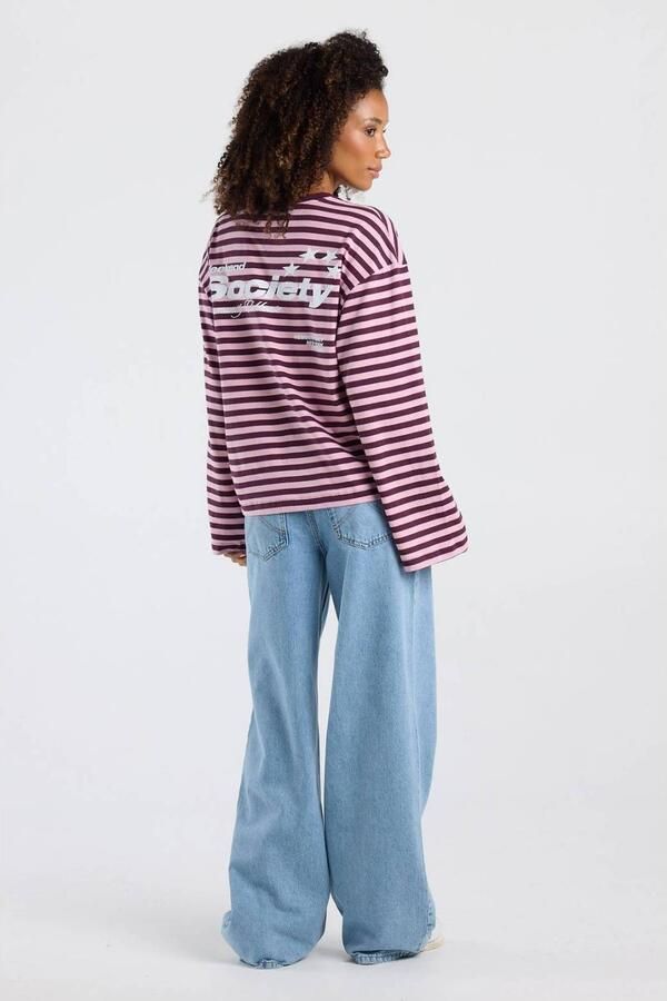 America Today gestreepte longsleeve aubergine roze - Foto 3