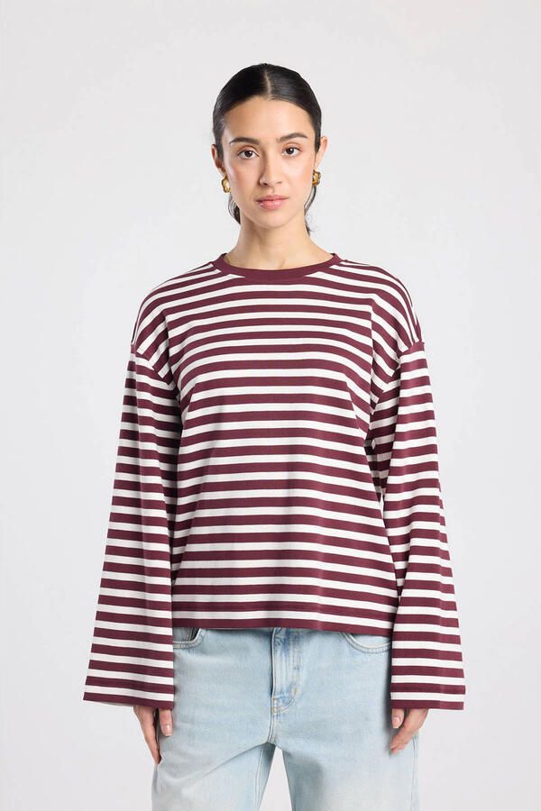 America Today gestreepte longsleeve donkerrood wit
