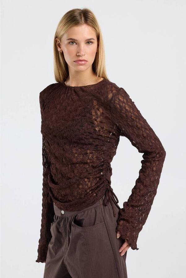 America Today kanten semi-transparante top met ruches dark brown