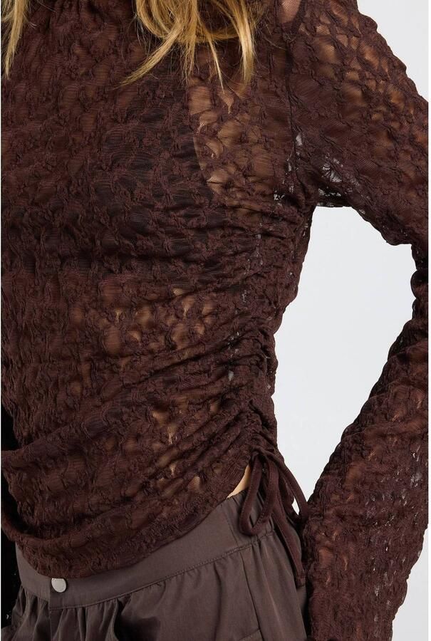 America Today kanten semi-transparante top met ruches dark brown - Foto 2
