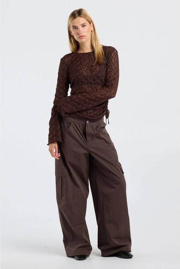 America Today kanten semi-transparante top met ruches dark brown - Foto 2