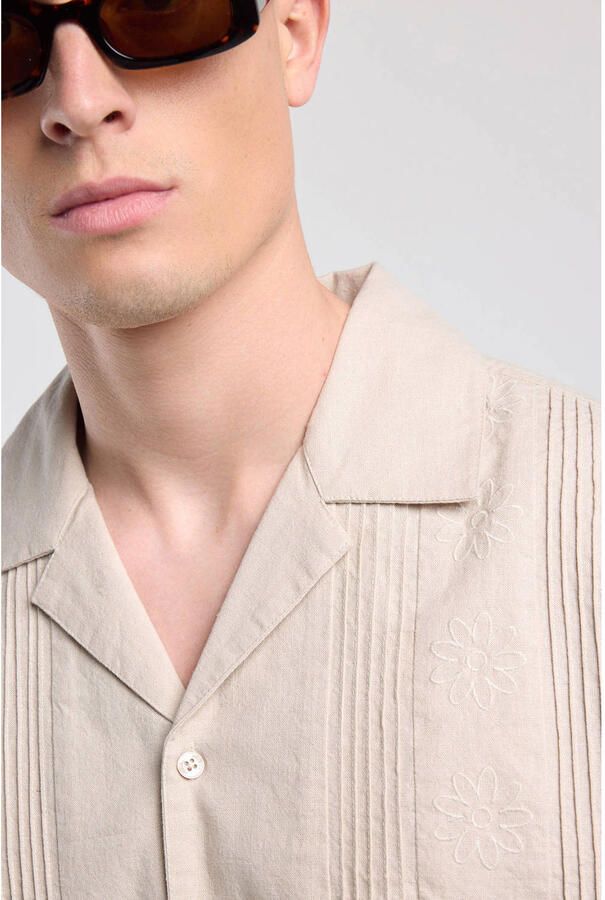 America Today linnen relaxed fit gebloemd overhemd met borduursels beige - Foto 2