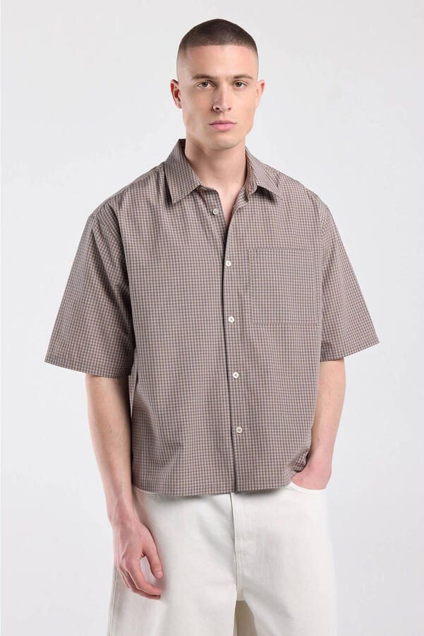 America Today loose fit geruit casual overhemd bruin