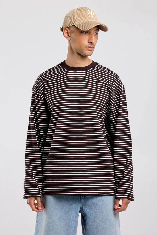 America Today oversized gestreepte longsleeve bruin wit