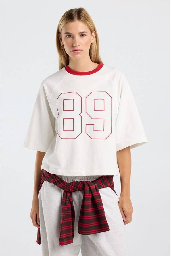 America Today oversized T-shirt met print ecru rood