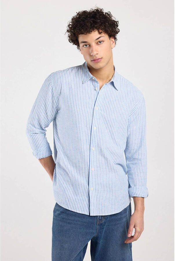 America Today regular casual overhemd met linnen met krijtstreep blauw