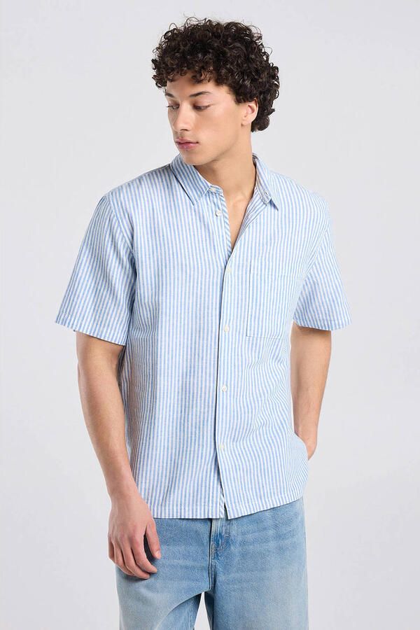 America Today regular casual overhemd met linnen met krijtstreep blauw