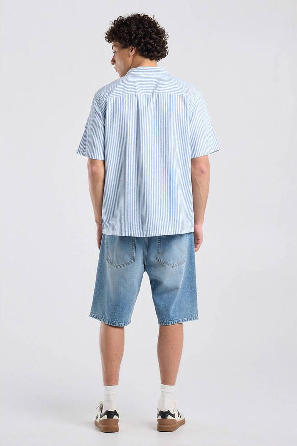 America Today regular casual overhemd met linnen met krijtstreep blauw - Foto 2