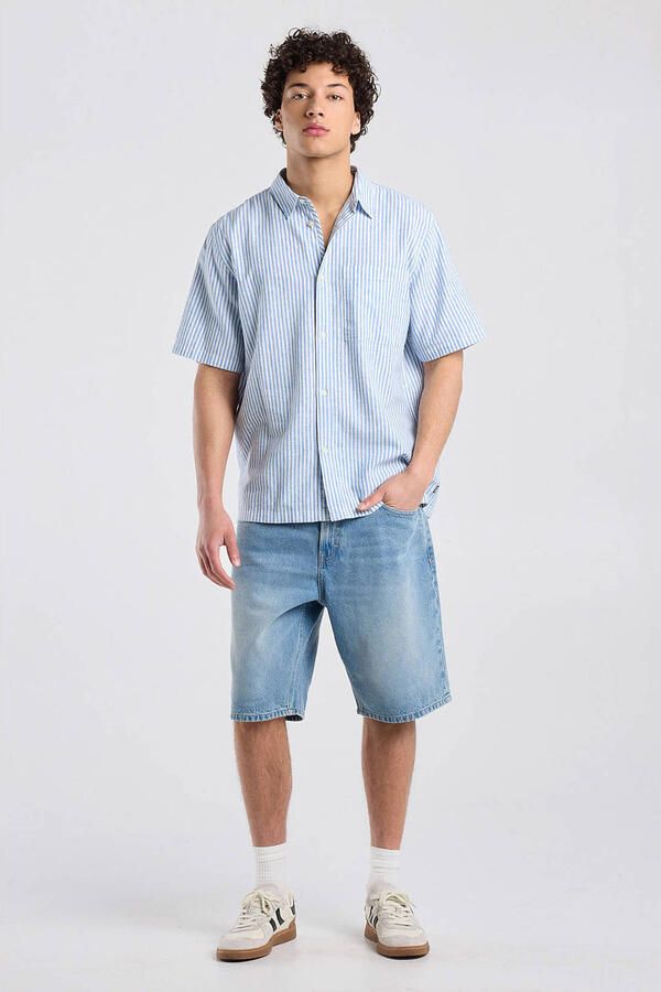 America Today regular casual overhemd met linnen met krijtstreep blauw - Foto 3