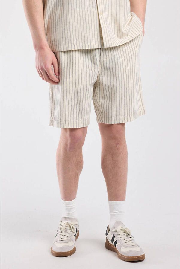 America Today regular casual short met linnen met krijtstreep beige