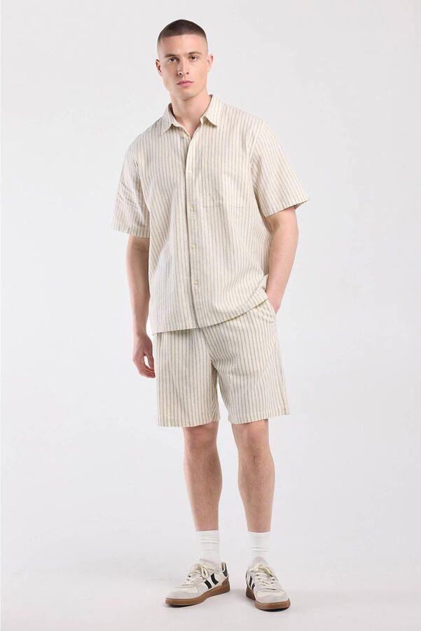 America Today regular casual short met linnen met krijtstreep beige - Foto 3