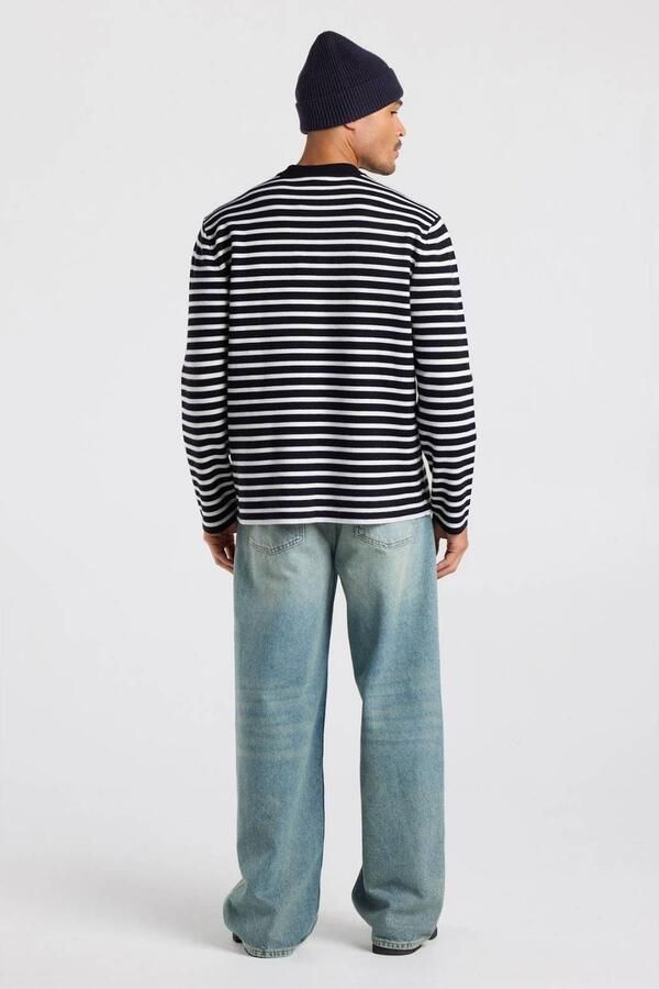America Today relaxed fit gestreepte gebreide trui donkerblauw wit - Foto 3