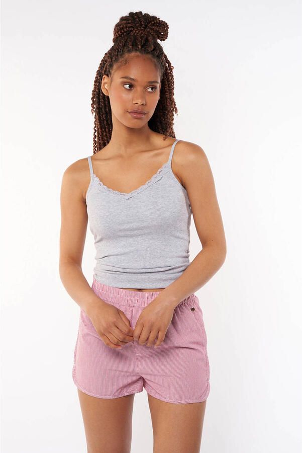 America Today ribgebreide singlet Grace met kant grijs melange