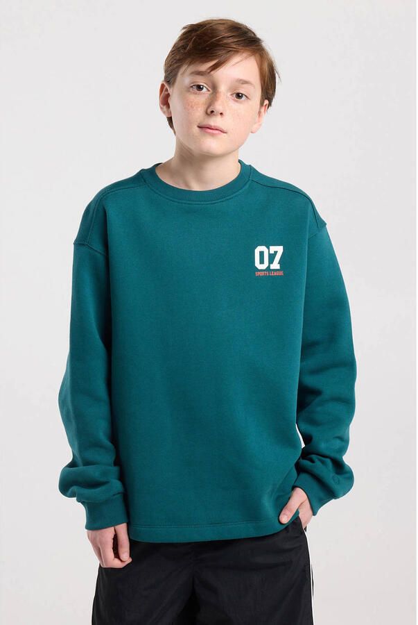 America Today sweater met backprint petrol