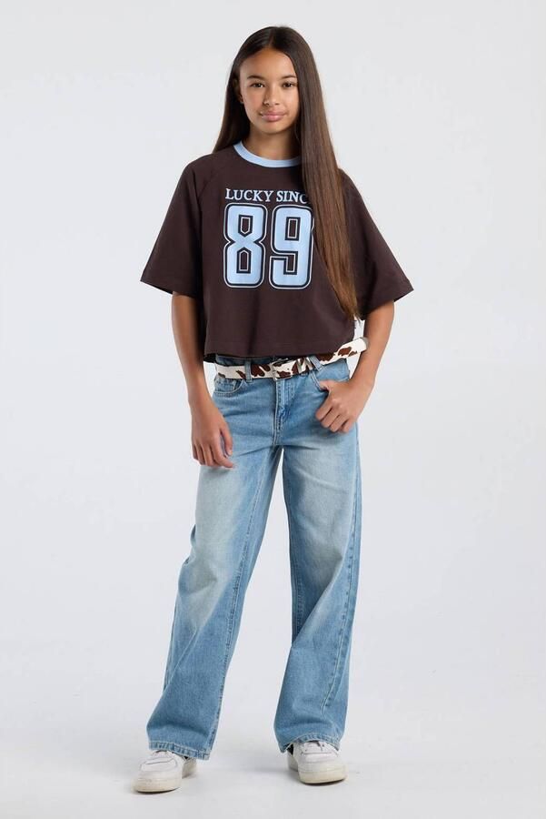 America Today T-shirt met tekst bruin blauw Meisjes Katoen Ronde hals - Foto 2