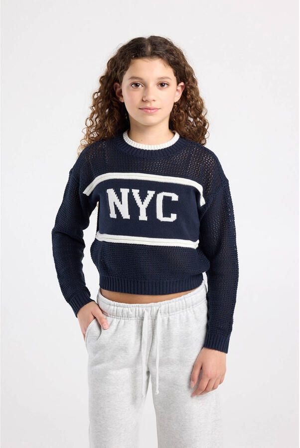 America Today trui donkerblauw grof gebreid