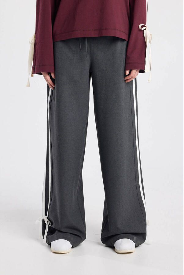 America Today Wide leg regular waist gestreepte casual broek grijs