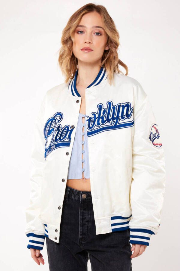 America Today baseball jacket met tekst ecru blauw