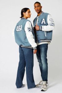 America Today unisex baseball jacket Joni met patches blauw