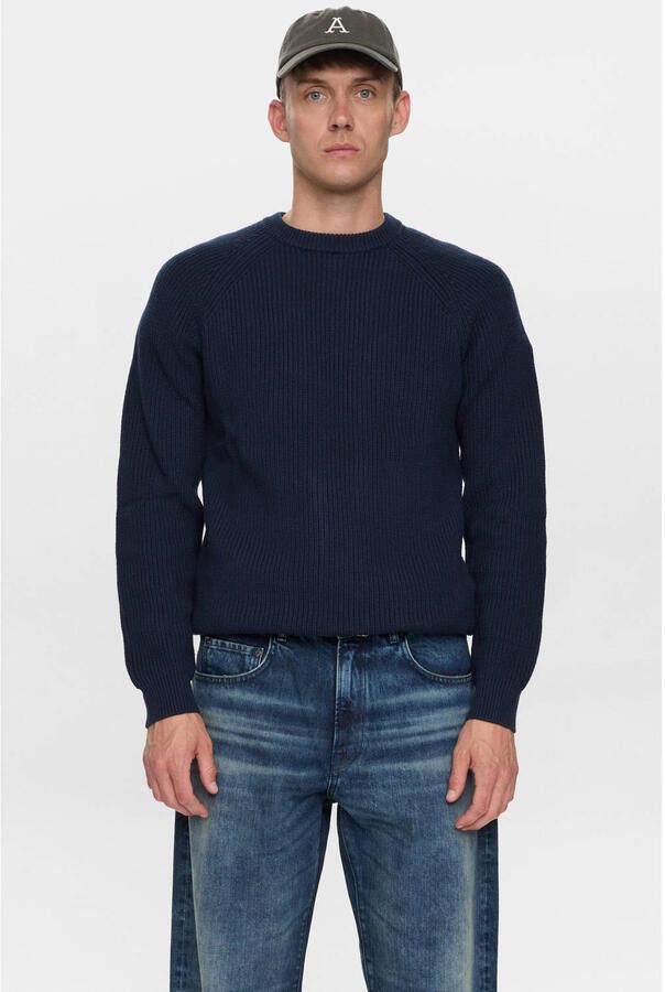 Anerkjendt katoenen regular fit gebreide trui donkerblauw - Foto 1