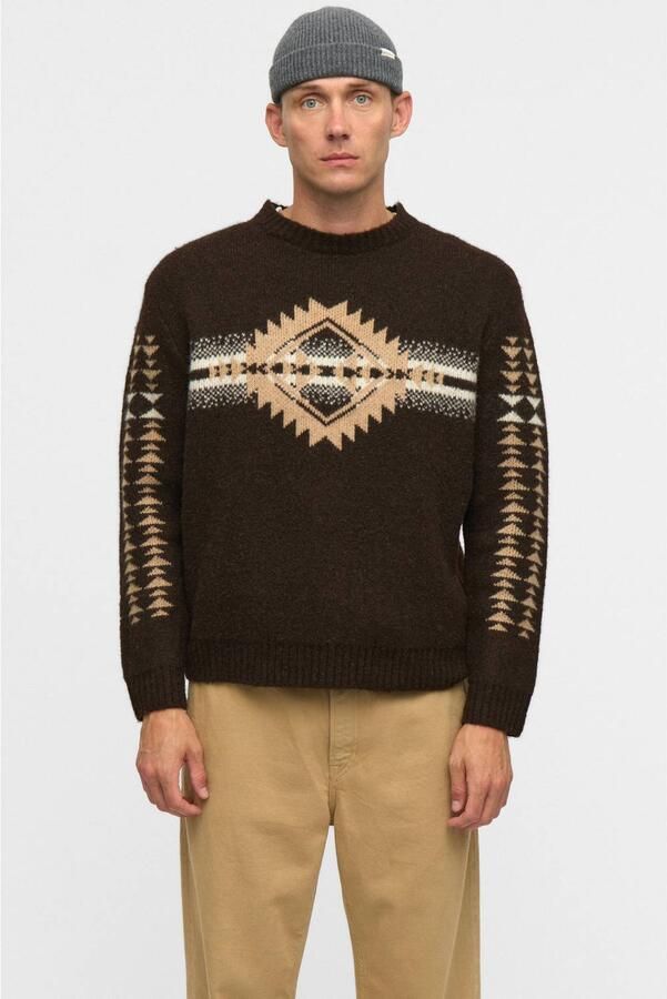 Anerkjendt regular fit gebreide jacquard trui met print en wol donkerbruin