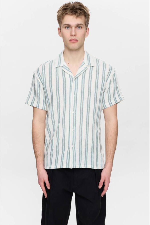 ANERKJENDT Heren Overhemden Akleander Struc Stripe2 Ss Shirt Gebroken Wit - Foto 5