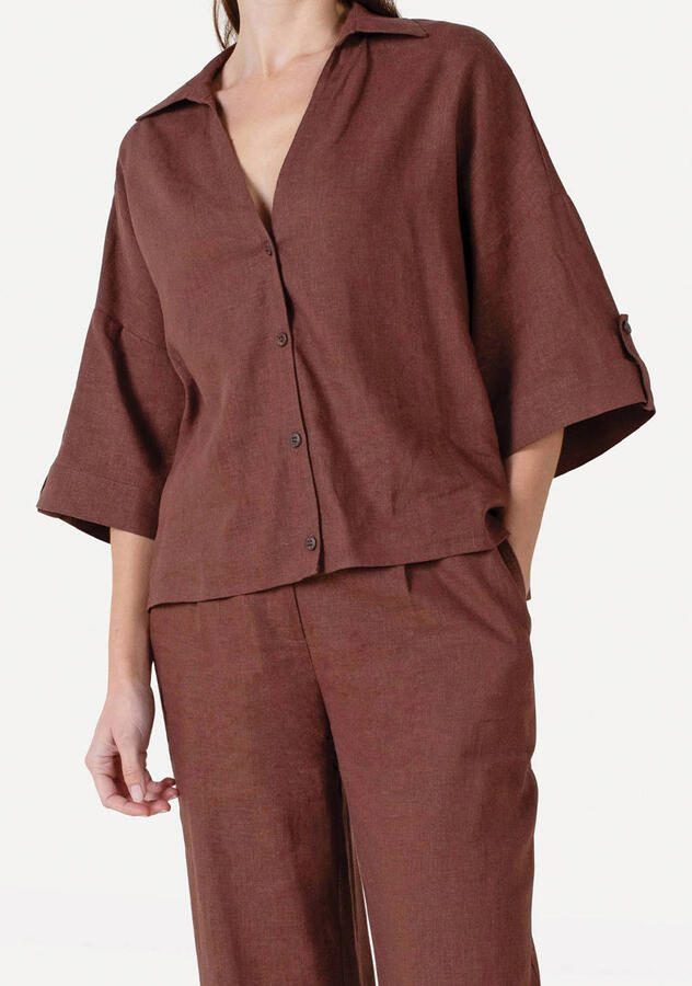 Another-Label blouse met linnen bruin