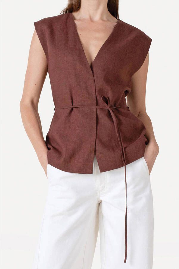 Another-Label gilet met linnen bruin