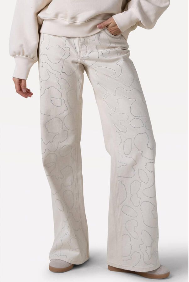 Another-Label high waist wide leg jeans ecru met strass steentjes