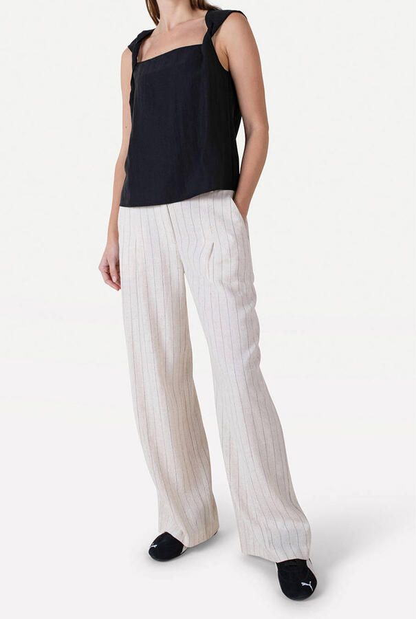 Another-Label wide leg regular waist broek met krijtstreep beige