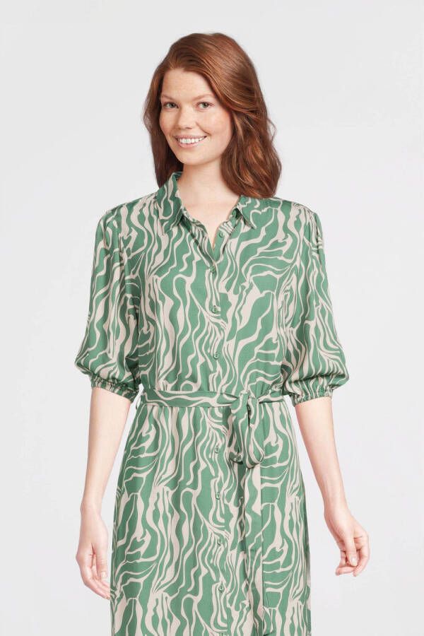 Another-Label blouse Idelle dress s s met all over print en ceintuur grijsgroen