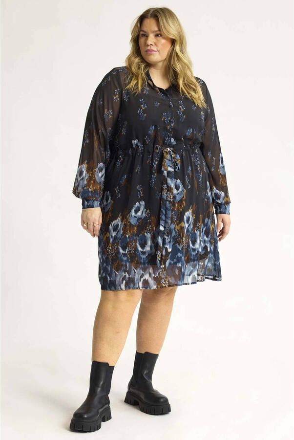 Anyday korte gebloemde blousejurk Plus Size zwart