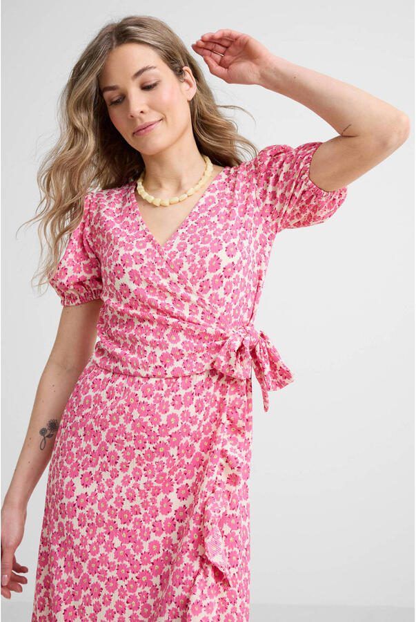 Anytime crinkle midi overslagjurk met bloemenprint roze