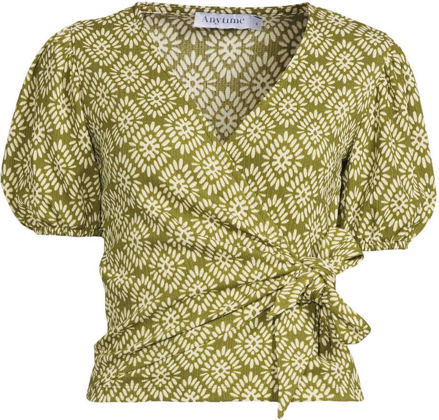 Anytime crinkle overslagtop met pofmouwen groen crème