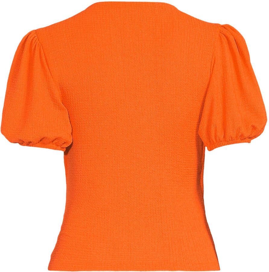 Anytime crinkle overslagtop met pofmouwen oranje - Foto 2