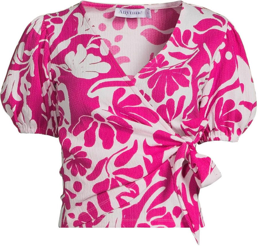 Anytime crinkle overslagtop met pofmouwen roze wit - Foto 2