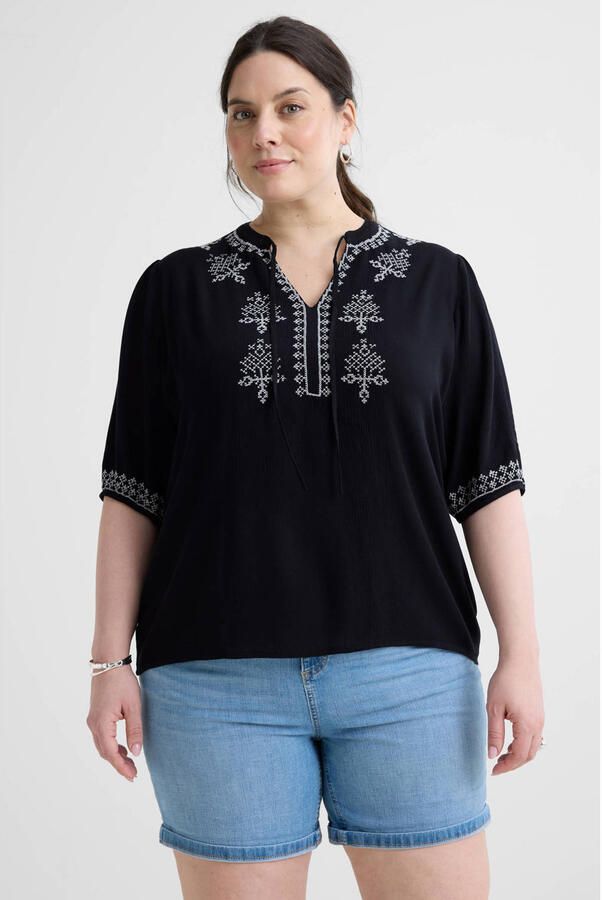 Anytime crinkle top met borduursel zwart