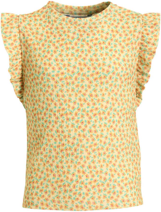 Anytime crinkle top met ruffles bloemenprint geel