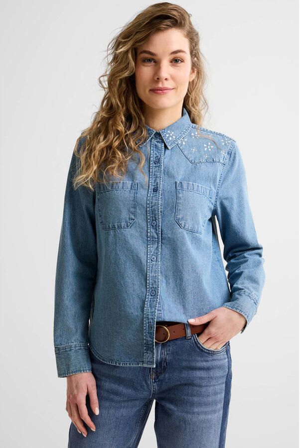 Anytime denim blouse met strass steentjes blauw