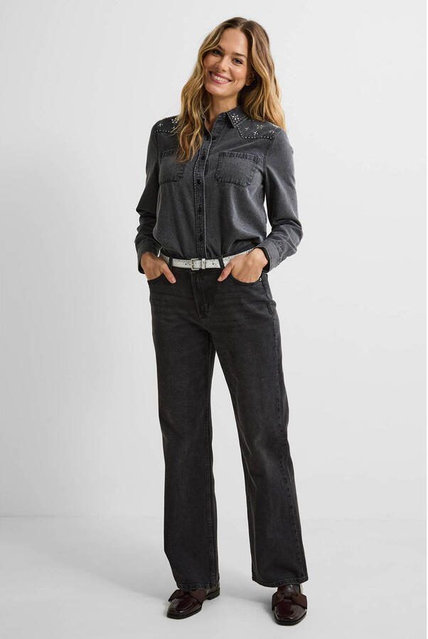 Anytime denim blouse met strass steentjes grijs - Foto 2