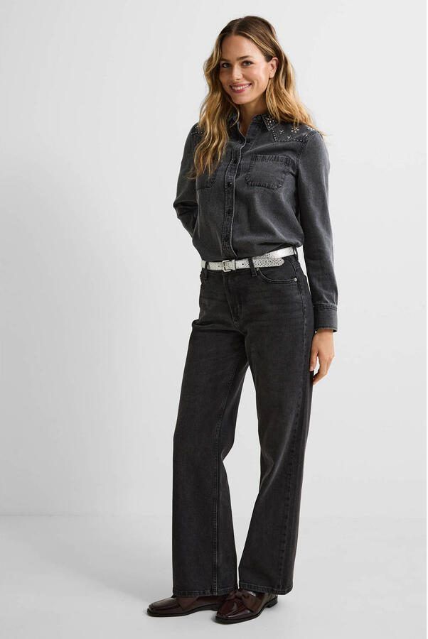 Anytime denim blouse met strass steentjes grijs - Foto 3