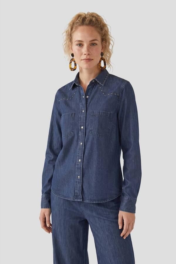 Anytime denim blouse met studs donkerblauw