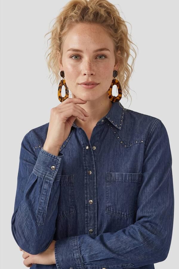 Anytime denim blouse met studs donkerblauw - Foto 3