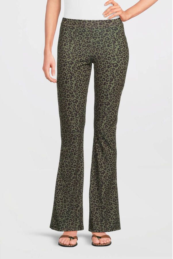 Anytime flared broek met panterprint khaki