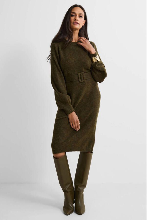 Anytime gebreide jurk met ceintuur khaki
