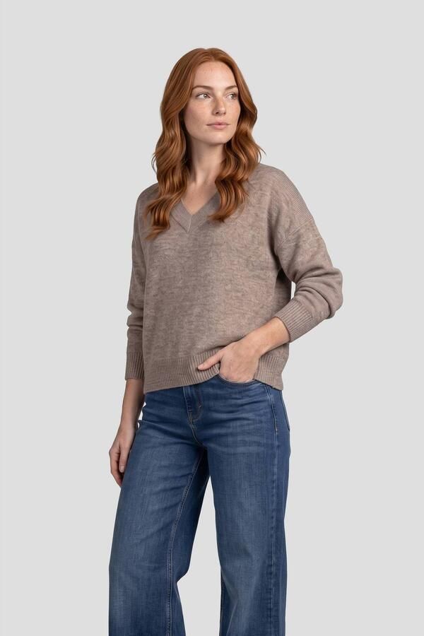 Anytime gebreide trui met V-hals taupe
