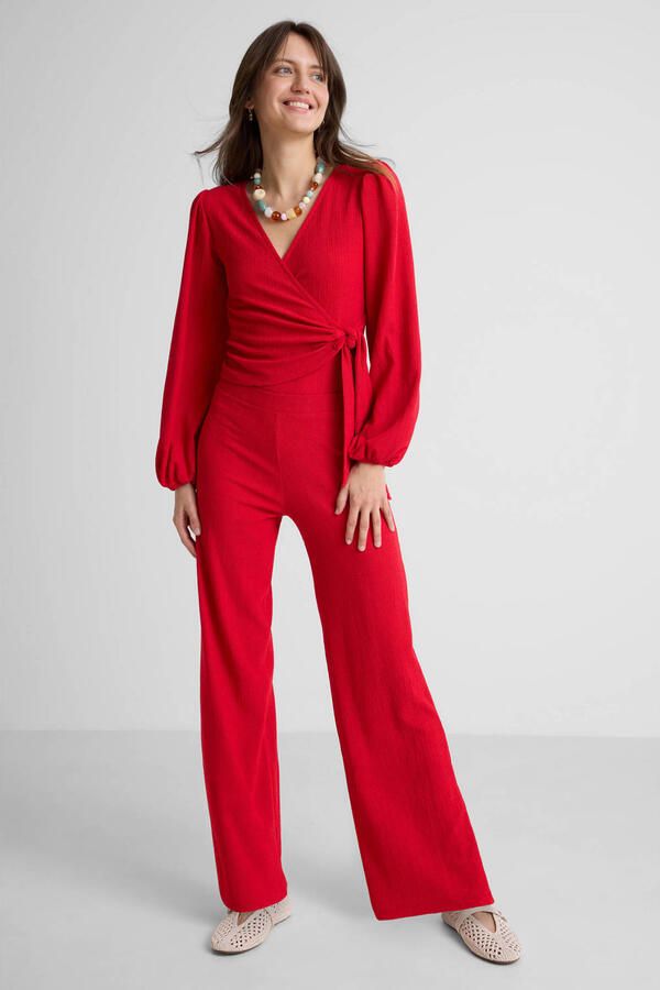 Anytime jersey crinkle wide leg broek rood