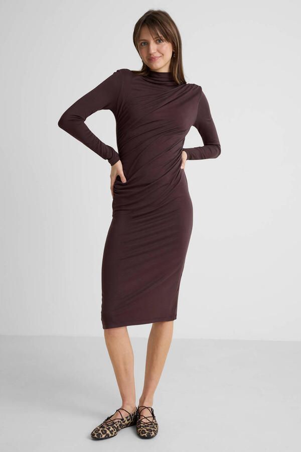 Anytime jersey midi jurk met gedrapeerd detail donkerbruin