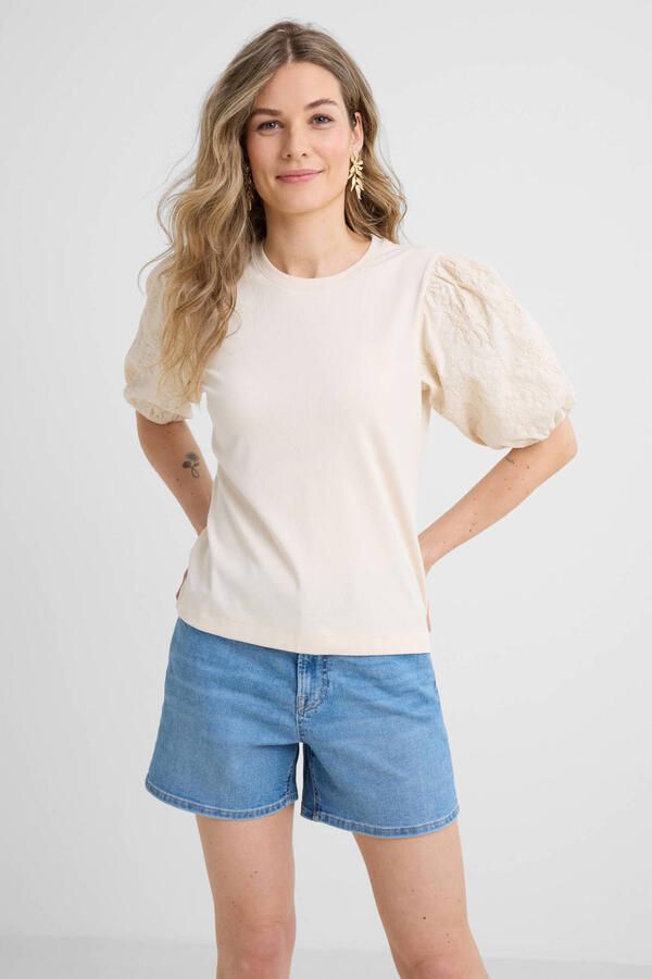 Anytime Jersey top met pofmouwen beige